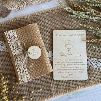 Drewniana Kartka na Komunię Pamiątka Pierwszej Komunii Świętej