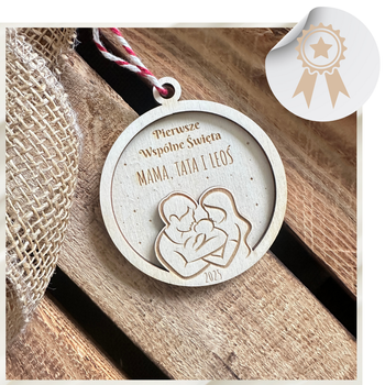 Bombka Drewniana na Choinkę dla Rodziny Prezent ''Pierwsze Wspólne Święta,,