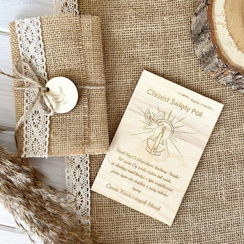 Kartka na Chrzest Pamiątka Chrztu Świętego Drewniana