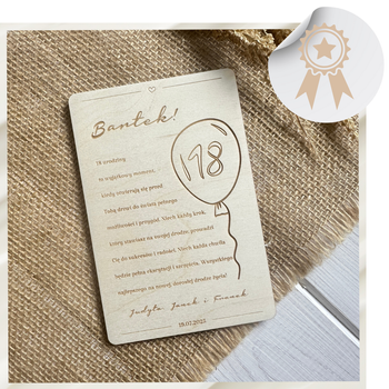 Drewniana Kartka na 18 Urodziny Pamiątka w Drewnie na Osiemnastkę Grawer