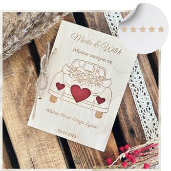 Drewniana Kartka Ślubna na Ślub na Pieniądze z Kopertą Pamiątka z Grawerem i  Życzeniami