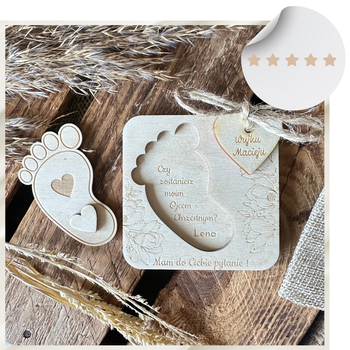 Wujku Czy zostaniesz moim Chrzestnym STÓPKA Zaproszenie 8x8 cm + Woreczek Jutowy