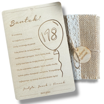 Drewniana Kartka na 18 Urodziny Pamiątka w Drewnie na Osiemnastkę Grawer