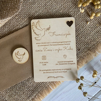 Drewniane Zaproszenia na Komunię Komunijne x10 Gołąbek