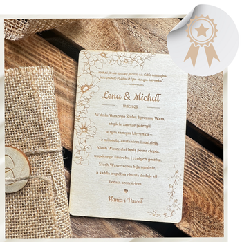 Drewniana Kartka na  Ślub Wesele Grawer Eko Pamiątka Ślubna w Drewnie