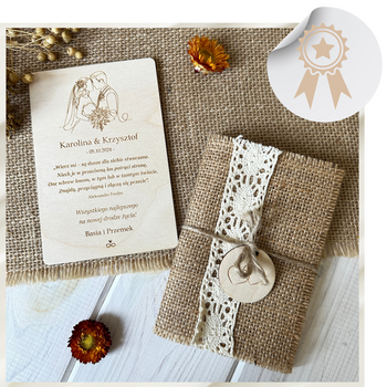 Drewniana Kartka Prezent na Ślub Wesele Pamiątka z Grawerem Wstążka Jutowa