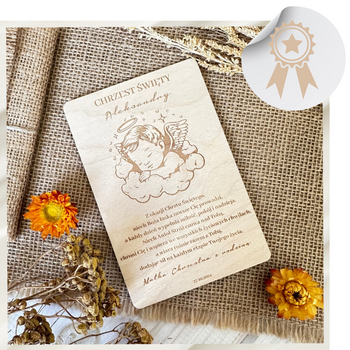 Drewniana Kartka na Chrzest + Juta Pamiątka Chrztu Świętego Personalizowana