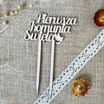 Drewniany Topper na Tort Pierwsza Komunia Święta Napis 10 x 16 cm