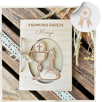 Pamiątka Pierwszej Komunii Świętej Koperta Drewniana Kartka od Chrzestnej