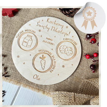 Drewniany Talerzyk dla MIKOŁAJA Tacka Ozdobna na Mleko z Imieniem 20 cm
