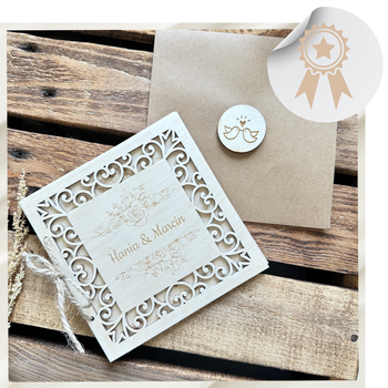 Drewniana Kartka Ślubna na Pieniądze Ażurowa Grawer Koperta Prezent na Ślub