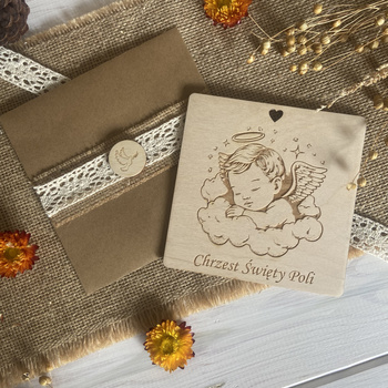 Drewniana Kartka na Chrzest Pamiątka Chrztu Świętego