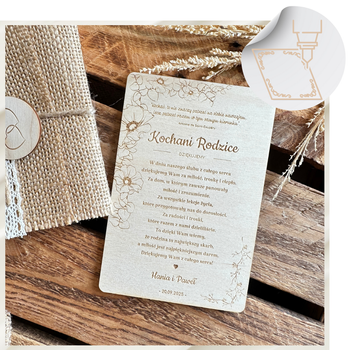 Drewniana Kartka Podziękowanie dla Rodziców Pamiątka Grawer Prezent na Ślub