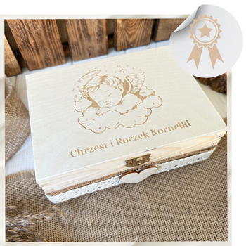 Drewniane Pudełko na Chrzest i Roczek Prezent Pamiątka Chrztu Świętego