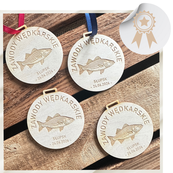 Drewniany Medal na Zawody Wędkarskie z Grawerem Medal dla Wędkarza Wstążka