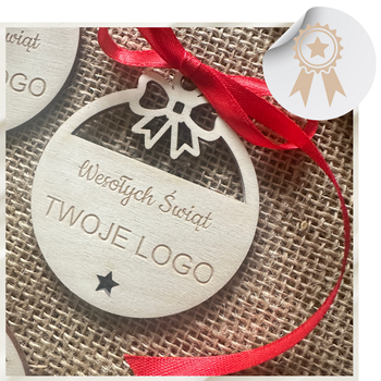 Bombka Drewniana z Logo Firmy na Choinkę Święta Ażurowa Prezent dla Kontrahenta z Grawerem + Wstążka