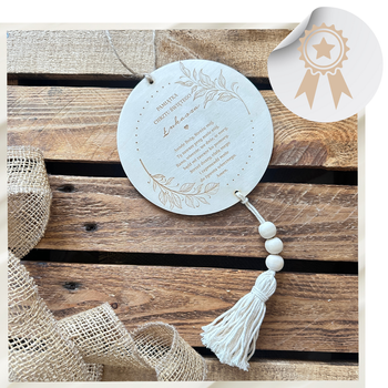 Drewniana Pamiątka na Chrzest Frędzle Boho Imię Grawer Modlitwa Aniele Boży