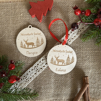 Bombka Drewniana z Imieniem na Choinkę Święta Prezent Grawer + Wstążka
