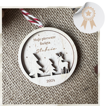 Drewniana Bombka na Choinkę z Imieniem Moje Pierwsze Święta Logo Prezent