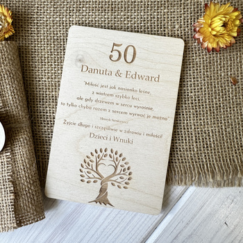 Drewniana Kartka na Rocznicę Ślubu 30, 40, 50 Eko Pamiątka w Drewnie