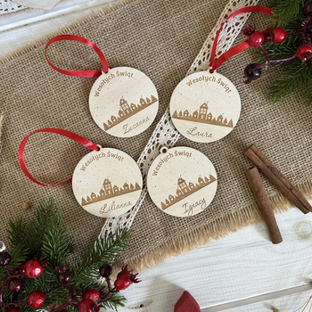 Bombka Drewniana z Imieniem na Choinkę Święta Prezent Grawer + Wstążka