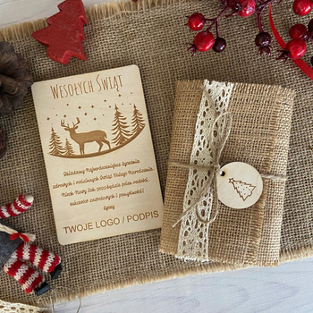 Kartka Świąteczna Drewniana z Logo Prezent na  Święta