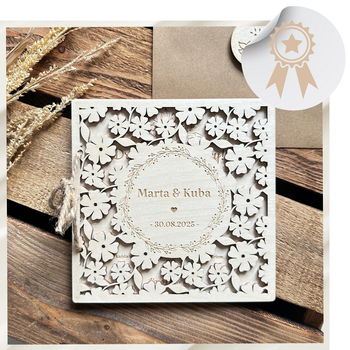 Drewniana Kartka na Ślub Pieniądze Ażurowa Grawer Koperta Prezent Ślubny