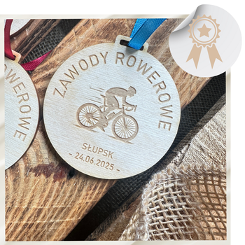 Drewniany Medal na Zawody Rowerowe Konkurs Rajd Rowerowy + Wstążka 7 cm