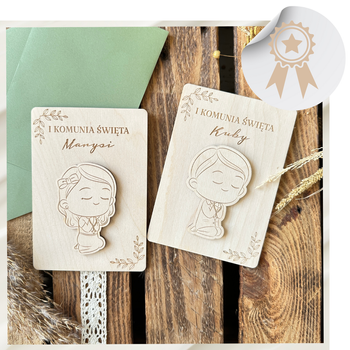 Kartka Drewniana od Chrzestnej Koperta Pamiątka Pierwszej Komunii Świętej