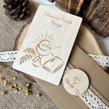 Kartka na Komunię od Chrzestnej Dwustronna Pierwsza Komunia Święta