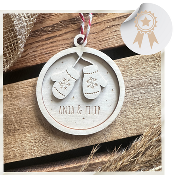 Bombka na Choinkę Dla Zakochanych Ozdoba Drewno Święta Prezent Rękawiczki