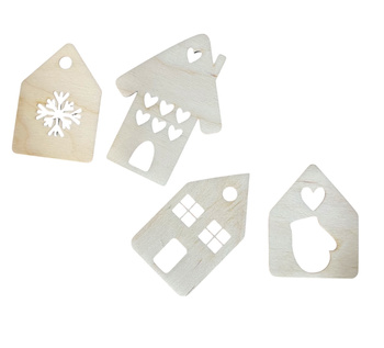 Drewniane Bombki Ozdoby Zawieszki na Choinkę DOMKI 4 szt do Stroików