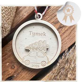 Drewniana Bombka z Imieniem Samochód z Choinką AUTO Prezent na Boże Narodzenie Święta