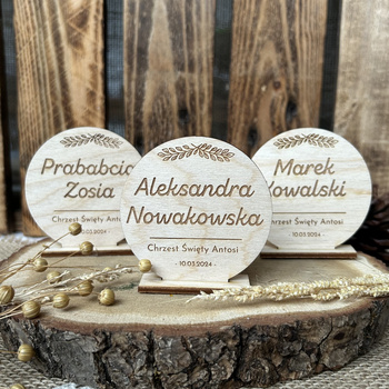 Drewniane Winietki na Stół Chrzest Święty Uroczystość Stojące Grawer