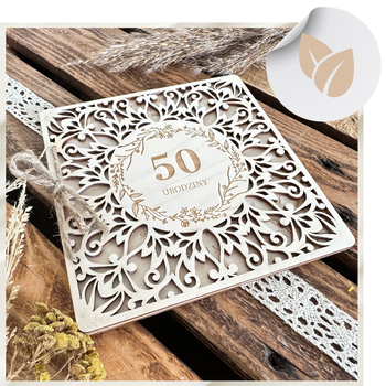 Drewniana Kartka na 50 Urodziny z Imieniem + Koperta Pamiątka z Grawerem i Życzeniami