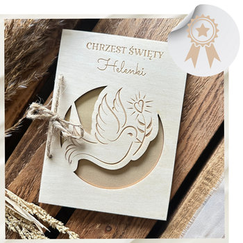 Drewniana Kartka na Chrzest Grawer Personalizowana Pamiątka Chrztu Świętego