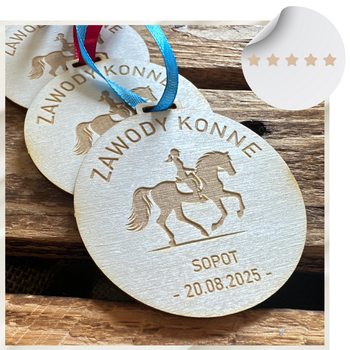 Drewniany Medal na Zawody Konne Jeździeckie Obóz Konkurs + Wstążka
