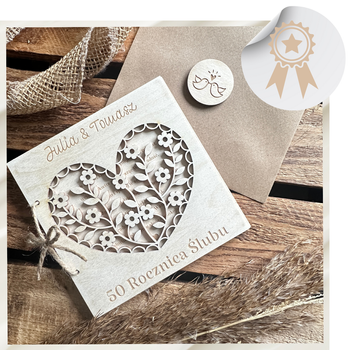 Drewniana Kartka na Rocznice Ślubu Ażurowa Grawer Koperta Prezent Pamiątka