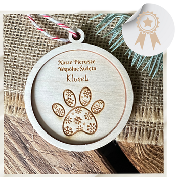 Drewniana Bombka na Choinkę z Imieniem Psa Na Święta z Grawerem PIES Łapa