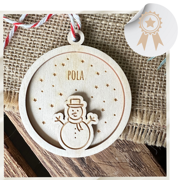 Drewniana Bombka na Choinkę z Imieniem Bilecik do Prezentu na Święta Bałwan