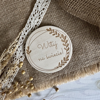 Drewniana Tabliczka do zdjęć Witaj na świecie! Sesja zdjęciowa 9 cm