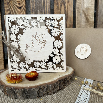 Kartka na Chrzest Święty Ażurowa Drewniana Pamiątka Chrztu Świętego