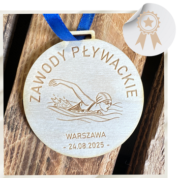 Drewniany Medal na Zawody Pływackie Konkurs Pływania w Pływaniu + Wstążka