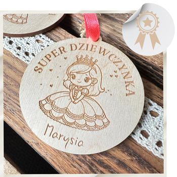 Prezent na Dzień Kobiet Drewniany Medal z Wstążką dla Dziewczynki Szkoła Przedszkole