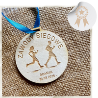 Drewniany Medal Sportowy na Zawody Biegowe z Grawerem dla Biegacza Wstążka